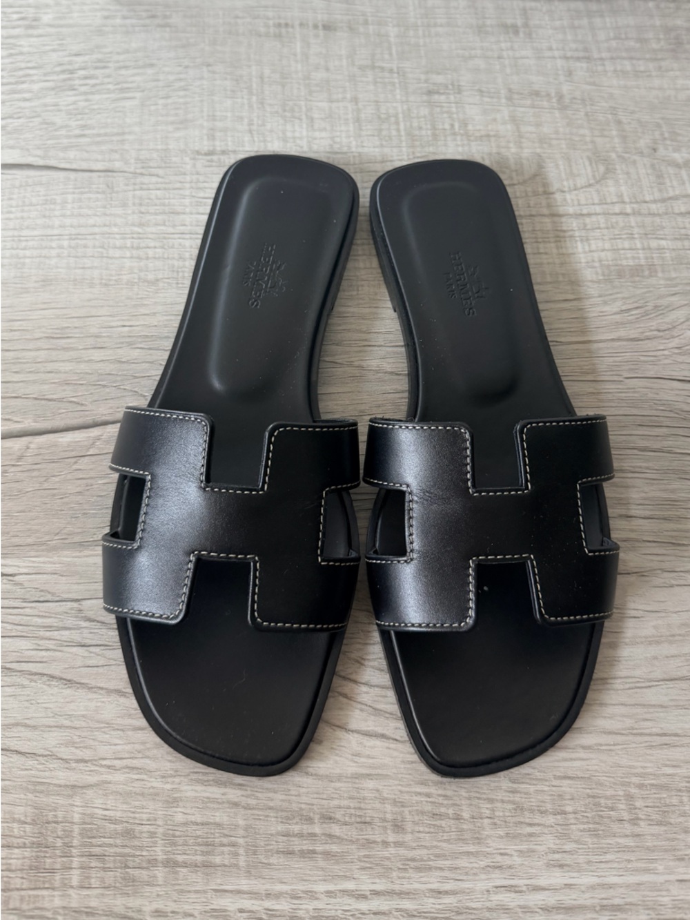 Hermes Black Oran Slide Sandals